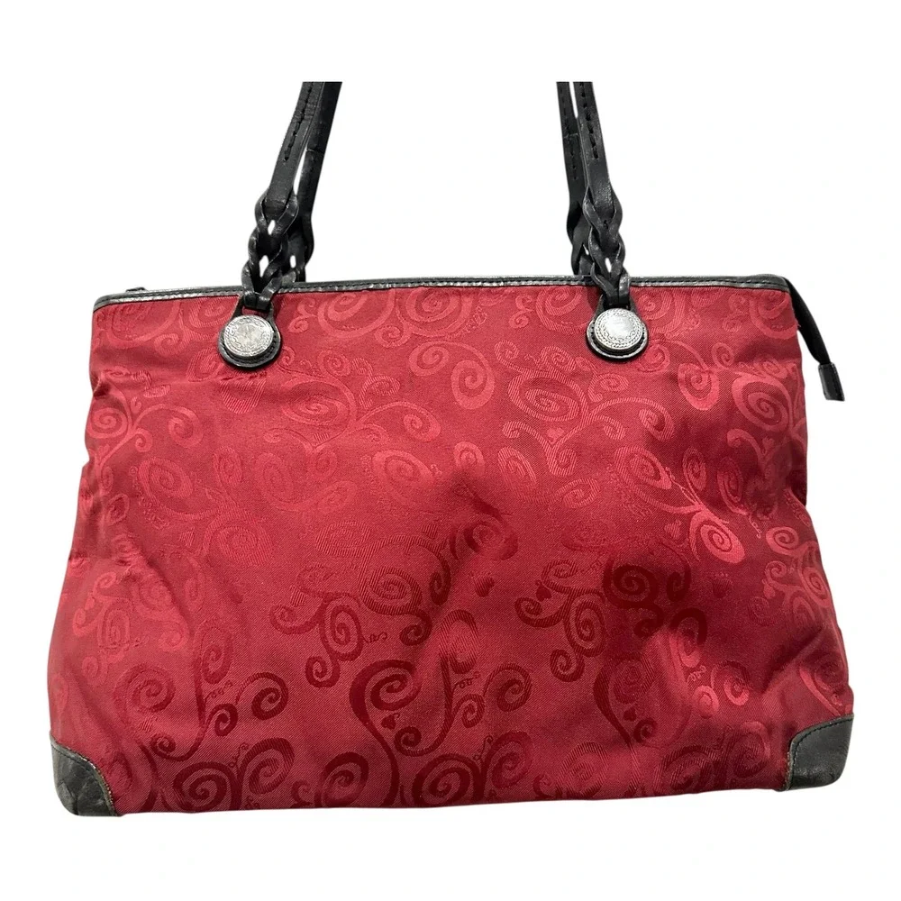 Brighton Red Jacquard Scroll Tote Bag Black Leather Trim Silver Buttons C798985